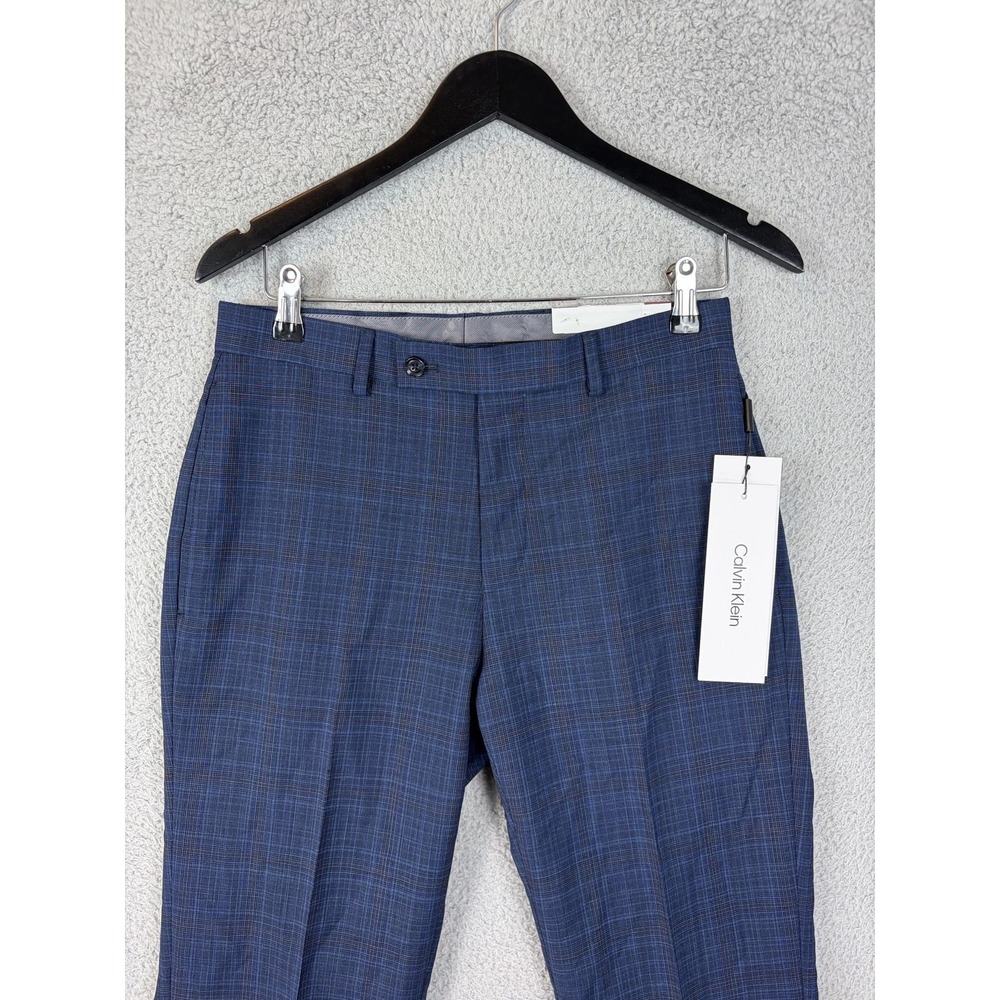 Calvin Klein Dress Pants Mens 30x30 Blue Wool Slim Fit Plaid Stretch Office New